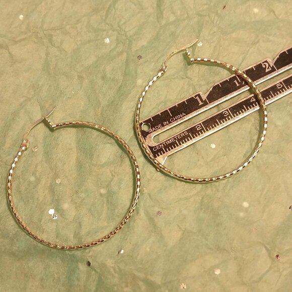 Sterling Silver Sparkle Hoop Earrings 1.5 in Large Lightweight - Picture 4 of 7